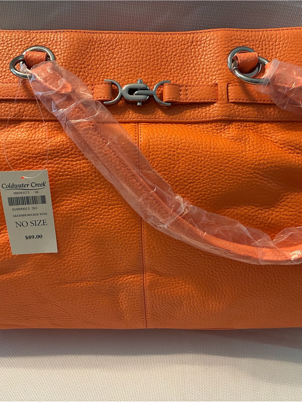 Coldwater Creek Orange Pebbled Leather Tote with Buckle Accent